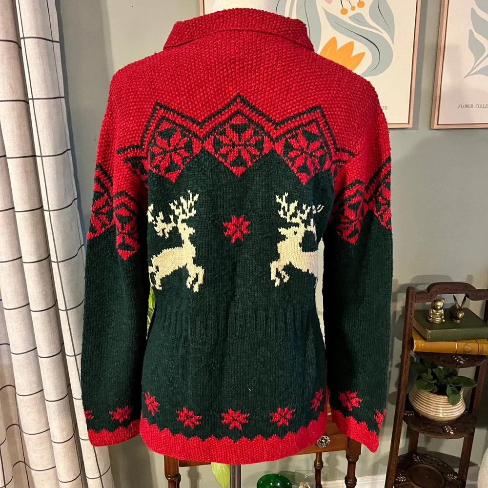 Lauren Ralph Lauren Hand Knit Reindeer Fair Isle Sweater Zip Cardigan Large - Picture 6 of 8